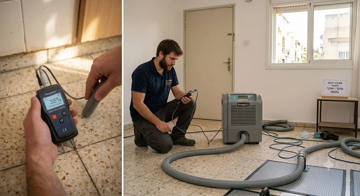 מד לחות על ריצוף טרצו, ולצדו טכנאי ליד מכשיר ייבוש בחדר בדירה